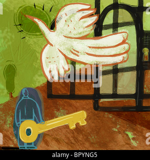 Un uomo in possesso di una chiave, liberando una grande uccello da una gabbia Foto Stock