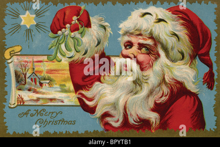 Vintage cartolina di Natale di Santa Claus holding vischio Foto Stock