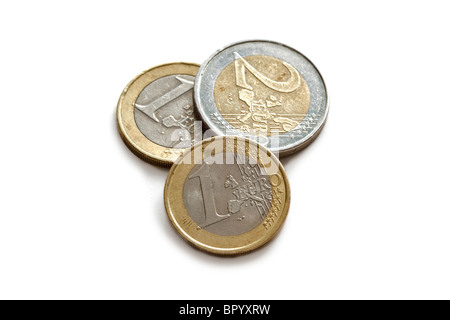 Uno e Due Monete metalliche in euro Foto Stock