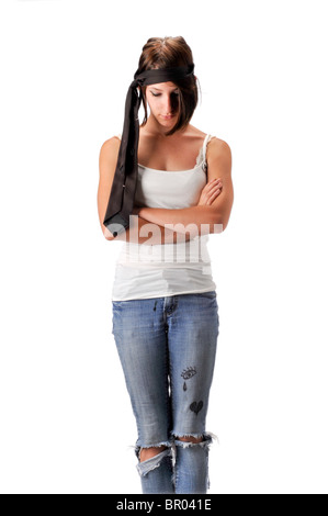 Teen ragazza adolescente bianco su sfondo senza giunture in jeans blu e bianco superiore Foto Stock