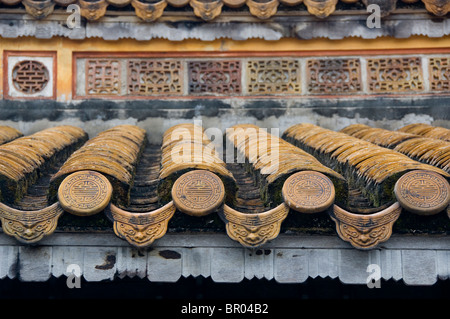 Il Vietnam, Da Nang. Antica capitale imperiale di Hue. L'Imperatore Tu Duc la tomba del complesso tegola di tetto dettaglio. Foto Stock