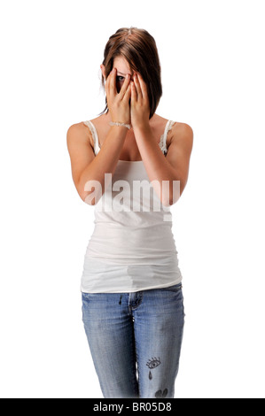 Teen ragazza adolescente bianco su sfondo senza giunture in jeans blu e bianco superiore Foto Stock