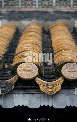 Il Vietnam, Da Nang. Antica capitale imperiale di Hue. L'Imperatore Tu Duc la tomba del complesso tegola di tetto dettaglio. Foto Stock