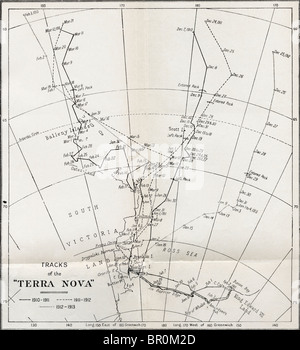 Mappa che mostra le tracce di Robert Falcon Scott Terra Nova expedition 1910 al 1913. Foto Stock