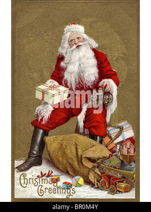 Vintage scheda di Natale di Babbo Natale con un sacco pieno di regali Foto Stock