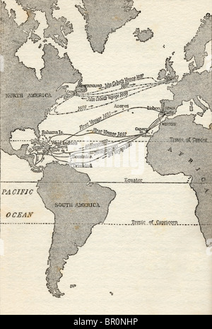 Mappa che mostra i viaggi di Cristoforo Colombo e John Cabot. Foto Stock