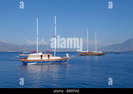 Barche escursioni fuori isola Rossa nei pressi di Fethiye, turca del Mar Egeo, Turchia Foto Stock