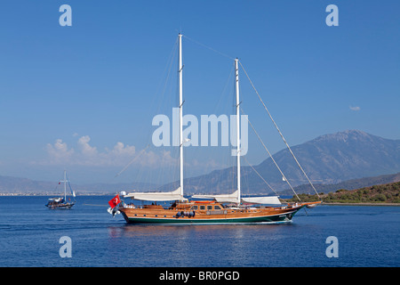 Barche escursioni fuori isola Rossa nei pressi di Fethiye, turca del Mar Egeo, Turchia Foto Stock