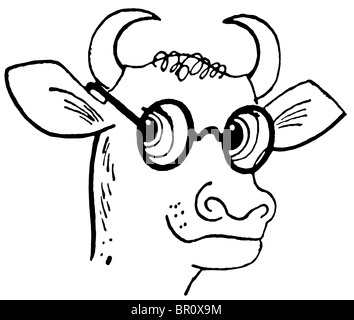 Una versione in bianco e nero di un cartone animato in stile di disegno di un toro che indossano speciali arrotondato Foto Stock