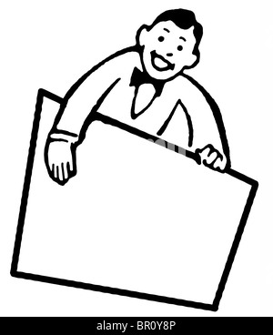 Una versione in bianco e nero di un cartone animato in stile di disegno di un venditore tenendo un cartello bianco Foto Stock