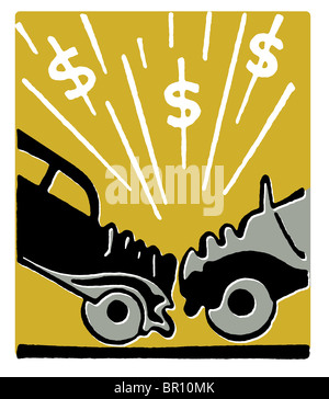 Una illustrazione di un incidente di automobile e risultante in segni di dollaro Foto Stock