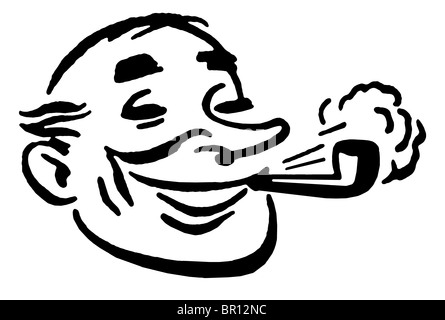 Una versione in bianco e nero di un cartone animato in stile di disegno di un uomo di fumare un tubo Foto Stock