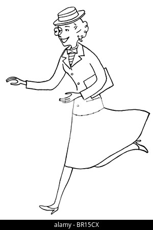 Una versione in bianco e nero di un'annata illustrazione di una donna in esecuzione Foto Stock