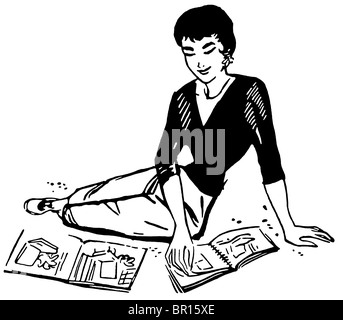 Una versione in bianco e nero di una immagine vintage di una donna sfogliare riviste Foto Stock