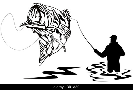 Retrò stile xilografia illustrazione di un largemouth bass fish jumping con il pescatore a mosca e l'aspo isolato su sfondo bianco Foto Stock