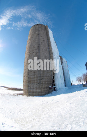 Arrampicata su ghiaccio su sili di fattoria in Iowa Foto Stock