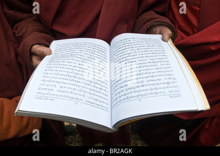 I giovani monaci buddisti tibetani tenere scritture dopo le preghiere, Juli Monastero, Xinduqiao, nella provincia di Sichuan, in Cina Foto Stock