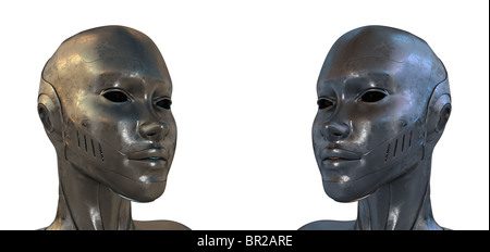 Due uguali robot di acciaio nel profilo. 3D render Foto Stock