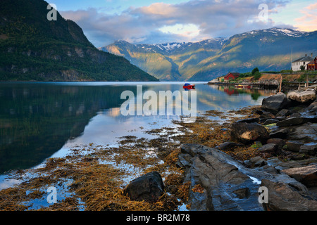 Una mattina tranquilla lungo le rive del Sognefjord in Norvegia. Foto Stock