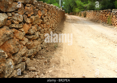 Muratura muro di pietra recinzione intorno al suolo di sabbia via in Formentera isole baleari Foto Stock