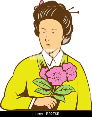 Illustrazione di una donna giapponese in kimono holding fiori fatto rétro in stile xilografia isolato su bianco Foto Stock