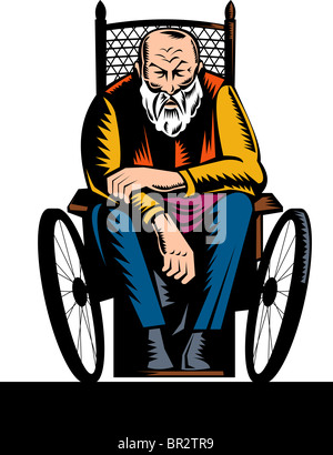 Illustrazione di un anziano uomo disabile sensazione triste sconsolato seduto su una sedia a rotelle rivolto verso la parte anteriore fatto rétro xilografia style Foto Stock