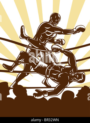 Illustrazione di un boxer a bussare fuori avversario fuori del pugilato ring Foto Stock