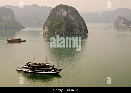 Vista delle formazioni di pietra calcarea con una indesiderata in primo piano nella baia di Halong, Vietnam Foto Stock