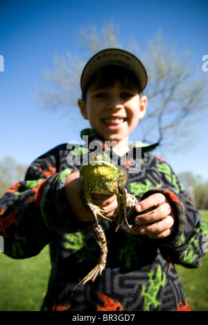 Ragazzo azienda rana toro, Maine, New England. Foto Stock