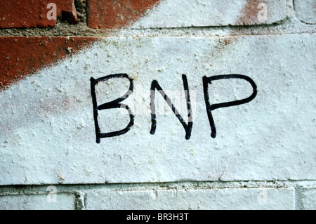 La BNP ''British National Party'' Graffiti dipinta su un muro di mattoni. Foto Stock