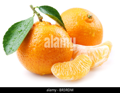 Mature tangerini con foglie e le fette su sfondo bianco Foto Stock