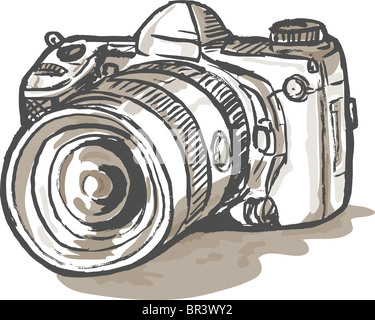 Mano disegno illustrativo di una fotocamera reflex digitale Foto Stock