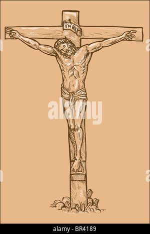 Disegnato a mano schizzo di disegno illustrazione di Gesù Cristo appeso sulla croce Foto Stock