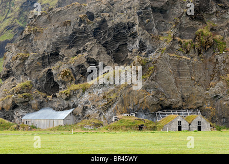 Edifici con tetto in erba a Drangshlið, Islanda. Foto Stock