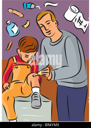 Uomo di mettere la crema di childs infortunio al ginocchio, con primi elementi di aiuto in background Foto Stock