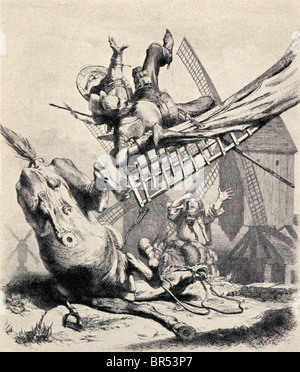 Don Chisciotte attaccando i mulini a vento credere loro di essere giganti, da Don Quijote de la Mancha di Miguel de Cervantes Saavedra. Foto Stock