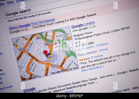 La ricerca in internet Googles nel motore di ricerca Google Street Londra indirizzo e mappa; come visualizzato nei risultati Foto Stock