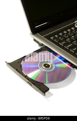 Dettaglio di un laptop con open e caricate unità dvd Foto Stock