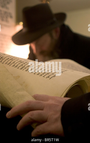 Un ONU-identificato ebreo ortodosso legge la Megillah 'La chiocciola di Esther' durante la festa ebraica di Purim. Foto Stock