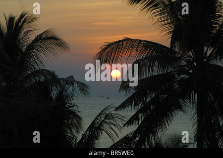 Tramonto attraverso il palm tree su Kai Bay Beach, Koh Chang, Thailandia. Foto Stock