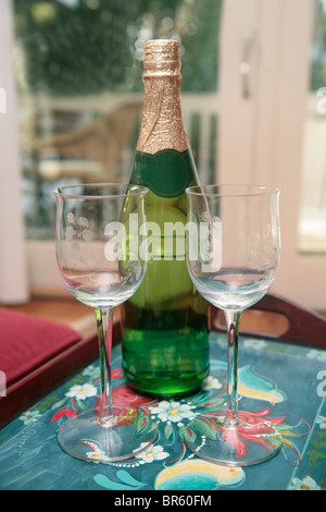 Una bottiglia di vino e due bicchieri vuoti pronto per essere versato Foto Stock