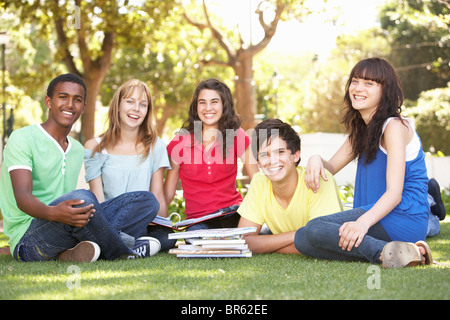 Gruppo di studenti adolescenti chiacchierare insieme in posizione di parcheggio Foto Stock