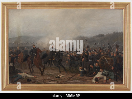 Moritz Blanckarts (1839 - 1883) - 'Re Guglielmo i dopo la battaglia di Königgrätz, 3rd luglio 1866', olio su tela. Il Re, seguito dal Principe Carlo di Prussia, dal Generale Helmut von Moltke e dal Conte otto von Bismarck, cavalcando sul campo di battaglia e acclamato con entusiasmo dai guardieri. Dimensioni immagine 83 x 125 cm, firmato in basso a sinistra "Moritz Blanckarts". Sul retro la mostra numero 'NDGKV' e vecchia etichetta con la didascalia '... prezzo quaranta Friedrich d'Or'. Sul bordo sinistro dell'immagine una struttura moderna e lacrima restaurata e riconoscibile dal punto di vista Bearly. Moritz Blanckar, Foto Stock