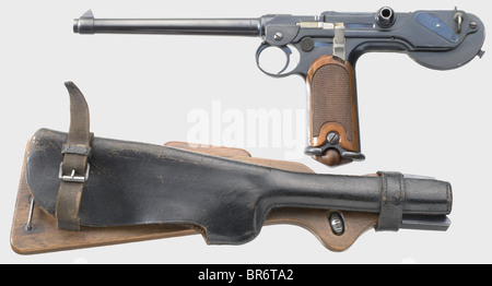 Una pistola a caricamento automatico Borchardt C 93 con spalla, 7,65 Borchardt cal., no 1956. Numeri corrispondenti. Foro quasi luminoso, lunghezza canna 190 mm, lunghezza totale 353 mm. 8-shot. Prova contrassegnata: Crown/'BUG'. Arma semiautomatica ad azione di blowback con azione di commutazione bloccata. Prodotto da DWM Berlin. Sul tirante di commutazione anteriore: N. brevetto Reich Blu spazzolato completamente originale e vellutato con segni di utilizzo minimi. Piccole parti completamente gialle e blu. Pannelli di presa in noce scuro con checkring. Rivista in qualche modo macchiato, con base in legno, con numerazione corrispondente, nichelata. Almos, Foto Stock
