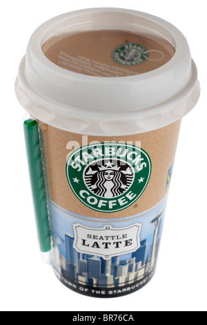 Scatola di cartone sigillata di bevanda fredda scoperte di Starbucks caffè latte macchiato di Seattle con paglia Foto Stock