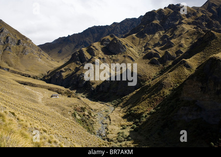 Highland Creek Hut accanto a Highland Creek sul Motatapu via in Otago, Nuova Zelanda. Foto Stock