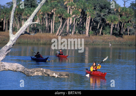 Tre amici in kayak di mare in caccia Island State Park South Carolina. Foto Stock