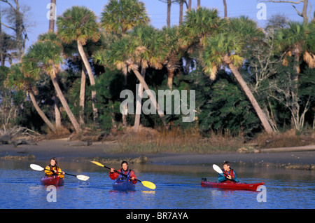 Tre amici in kayak di mare in caccia Island State Park South Carolina. Foto Stock