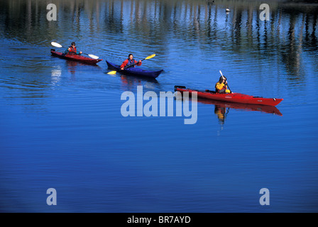 Tre amici in kayak di mare in caccia Island State Park South Carolina. Foto Stock