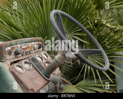 Dettaglio del volante e del calcolatore del quadro della strumentazione su un antico trattore Oliver seduto contro foglie di palmo in Santa Barbara County Foto Stock